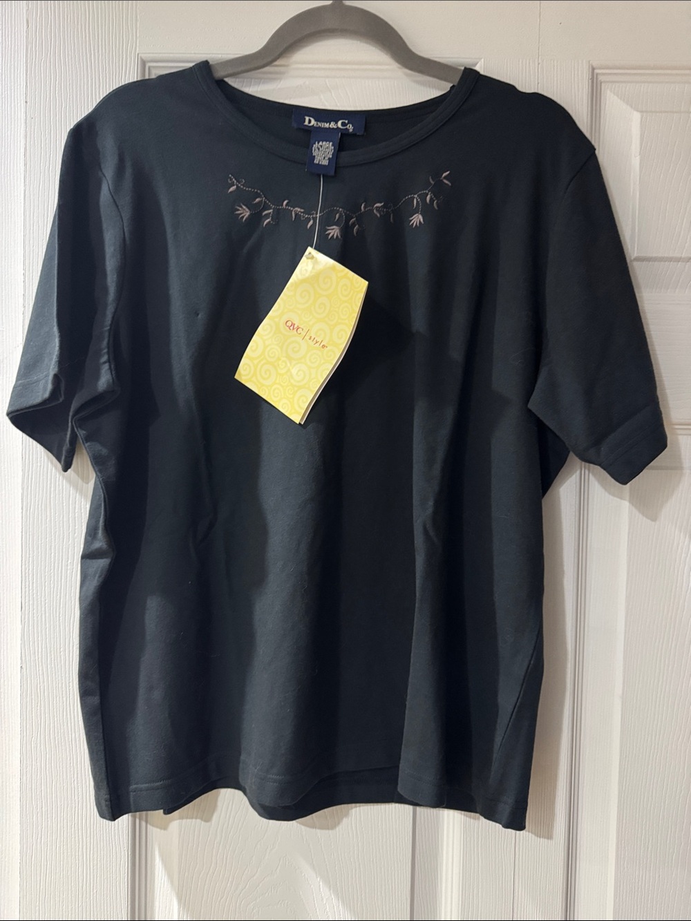 Denim&Co Black Short Sleeve Tee with Subtle Floral Neck Embroidery
